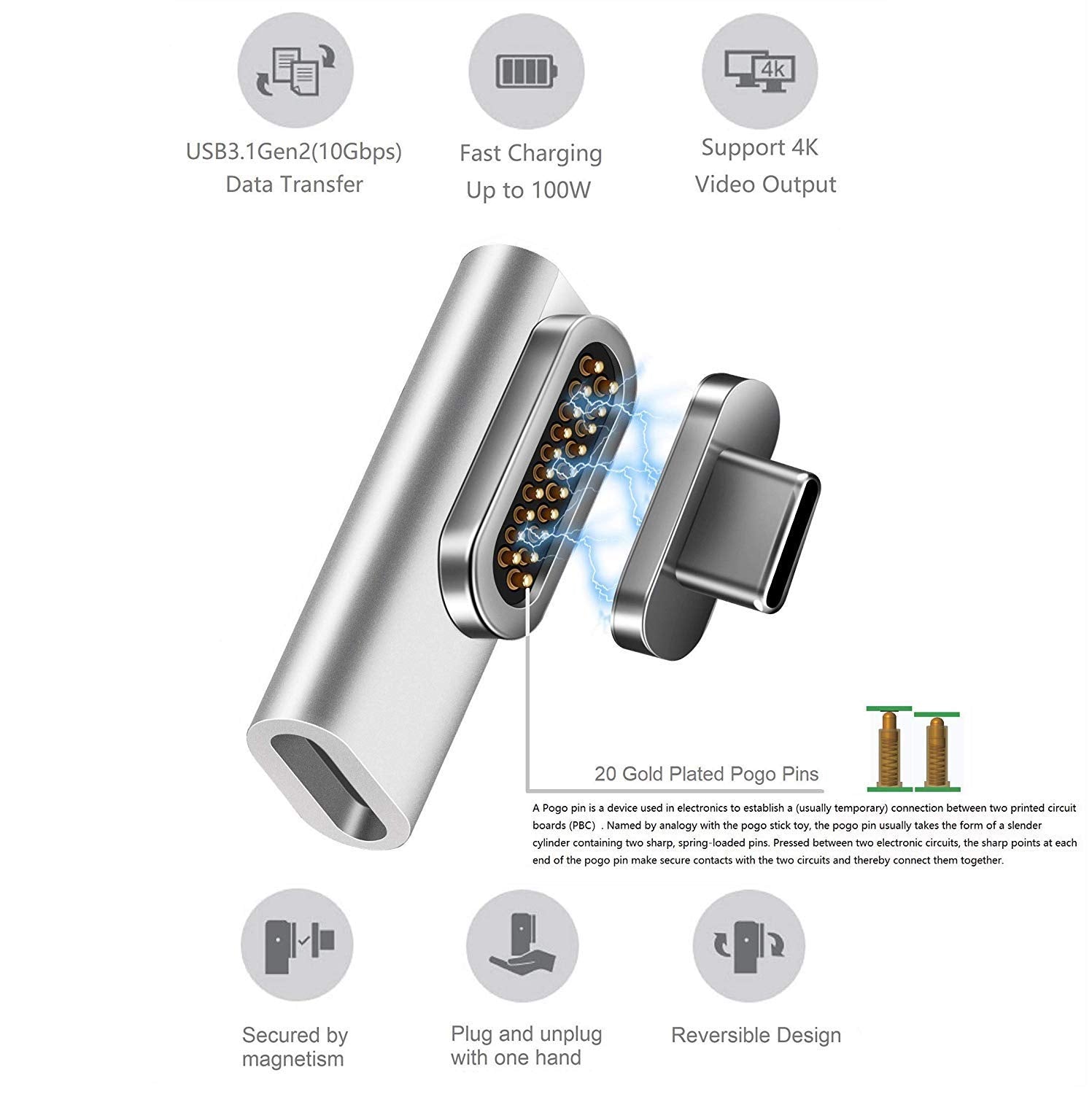 J-Go Tech USB C Magnetic Adapter | USB 3.1 Gen 2 | 100W (5A) PD | 10 Gbps | 4K Display by J-Go Tech